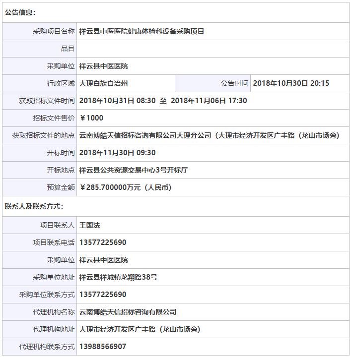 祥云縣中醫(yī)醫(yī)院健康體檢科設備采購項目招標公告信息